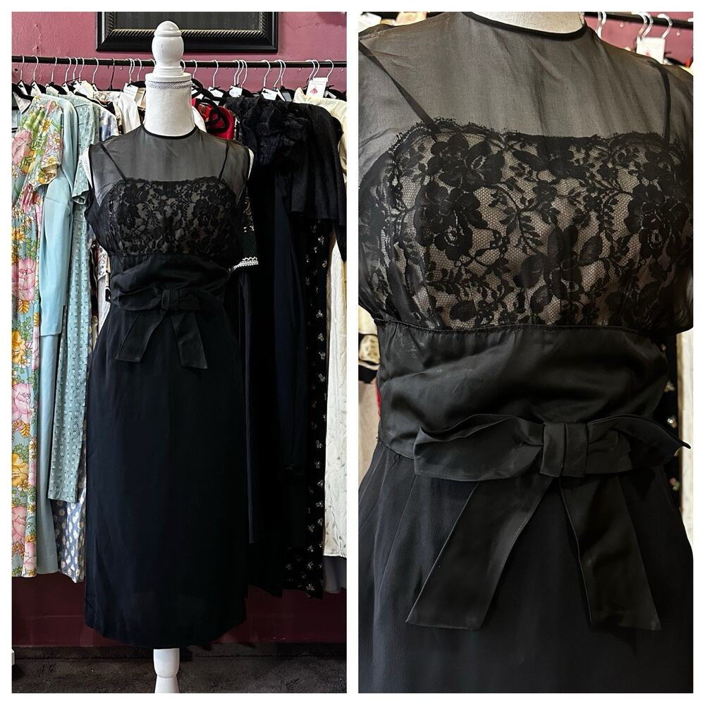 Vintage 50s 60s Wiggle Dress Black Illusion Neckline Pencil Party Cocktail XS